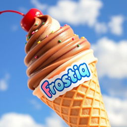 A delicious ice cream cone featuring a swirl of three flavors: strawberry, chocolate, and vanilla