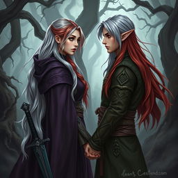 An artistic depiction of a fantasy character couple in a cursed forest