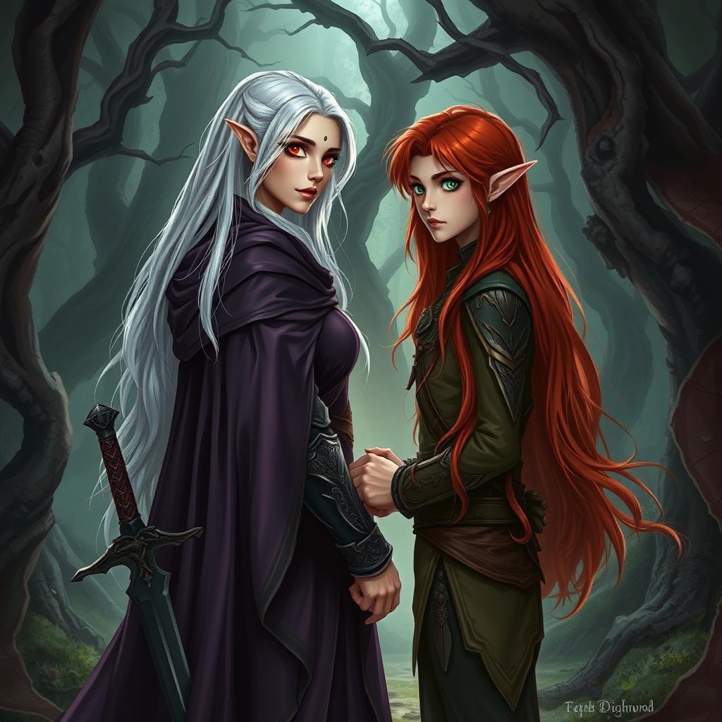 An artistic depiction of a fantasy character couple in a cursed forest