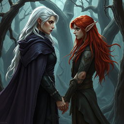 An artistic depiction of a fantasy character couple in a cursed forest