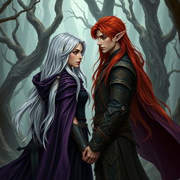 An artistic depiction of a fantasy character couple in a cursed forest