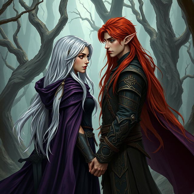 An artistic depiction of a fantasy character couple in a cursed forest