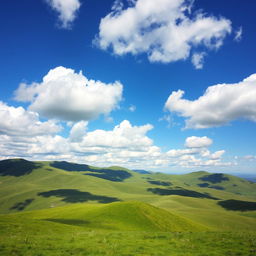 A breathtaking landscape featuring rolling green hills under a vibrant blue sky adorned with fluffy white clouds