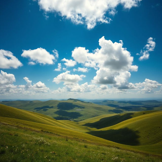 A breathtaking landscape featuring rolling green hills under a vibrant blue sky adorned with fluffy white clouds