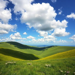 A breathtaking landscape featuring rolling green hills under a vibrant blue sky adorned with fluffy white clouds