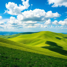 A breathtaking landscape featuring rolling green hills under a vibrant blue sky adorned with fluffy white clouds
