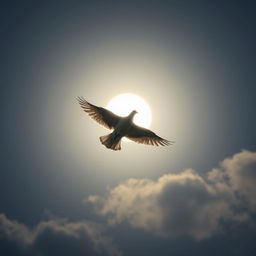 A bright full moon in a clear sky, with a dove flying gently across the scene