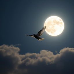 A bright full moon in a clear sky, with a dove flying gently across the scene