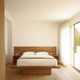 A minimalist bedroom featuring elegant wooden furniture against pristine white walls, bathed in soft, natural light.