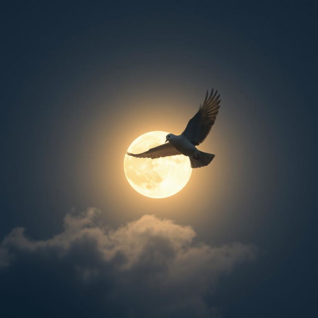 A bright full moon in a clear sky, with a dove flying gently across the scene