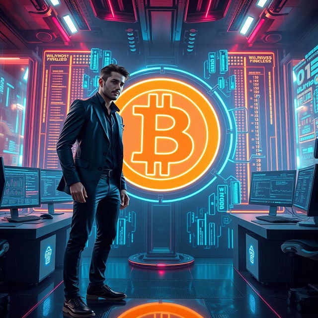 A futuristic interpretation of the Bitcoin logo, prominently displayed in a high-tech digital environment