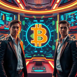 A futuristic interpretation of the Bitcoin logo, prominently displayed in a high-tech digital environment