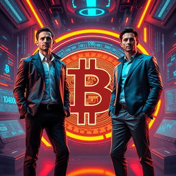 A futuristic interpretation of the Bitcoin logo, prominently displayed in a high-tech digital environment