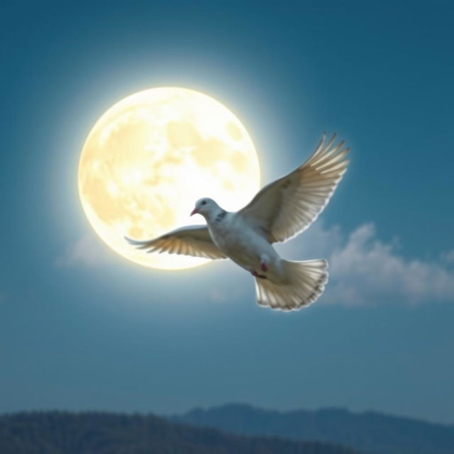 A bright full moon illuminating a clear night sky, with a graceful dove flying softly across the scene