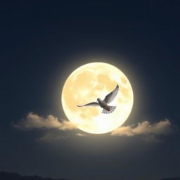 A bright full moon illuminating a clear night sky, with a graceful dove flying softly across the scene