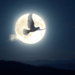 A bright full moon illuminating a clear night sky, with a graceful dove flying softly across the scene