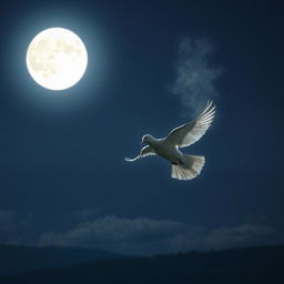 A bright full moon illuminating a clear night sky, with a graceful dove flying softly across the scene