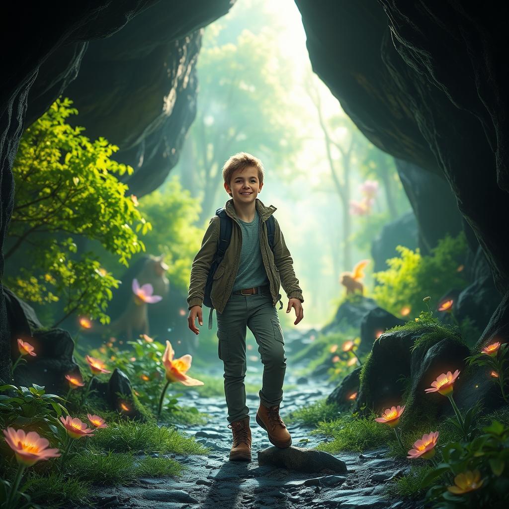 A young man emerging from a cave into an enchanting world, surrounded by magical scenery