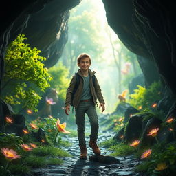 A young man emerging from a cave into an enchanting world, surrounded by magical scenery