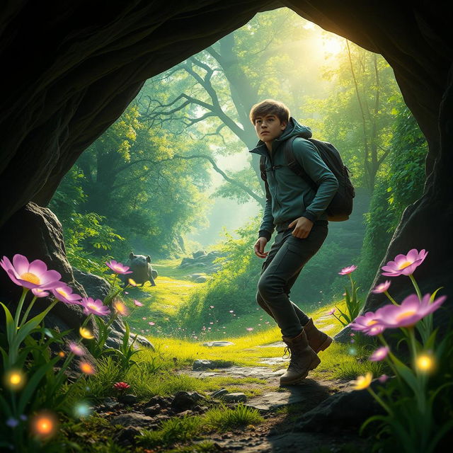 A young man emerging from a cave into an enchanting world, surrounded by magical scenery