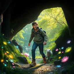 A young man emerging from a cave into an enchanting world, surrounded by magical scenery