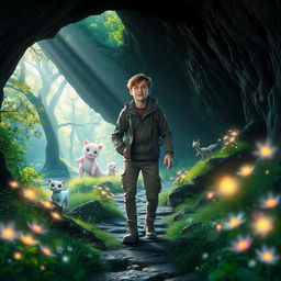 A young man emerging from a cave into an enchanting world, surrounded by magical scenery