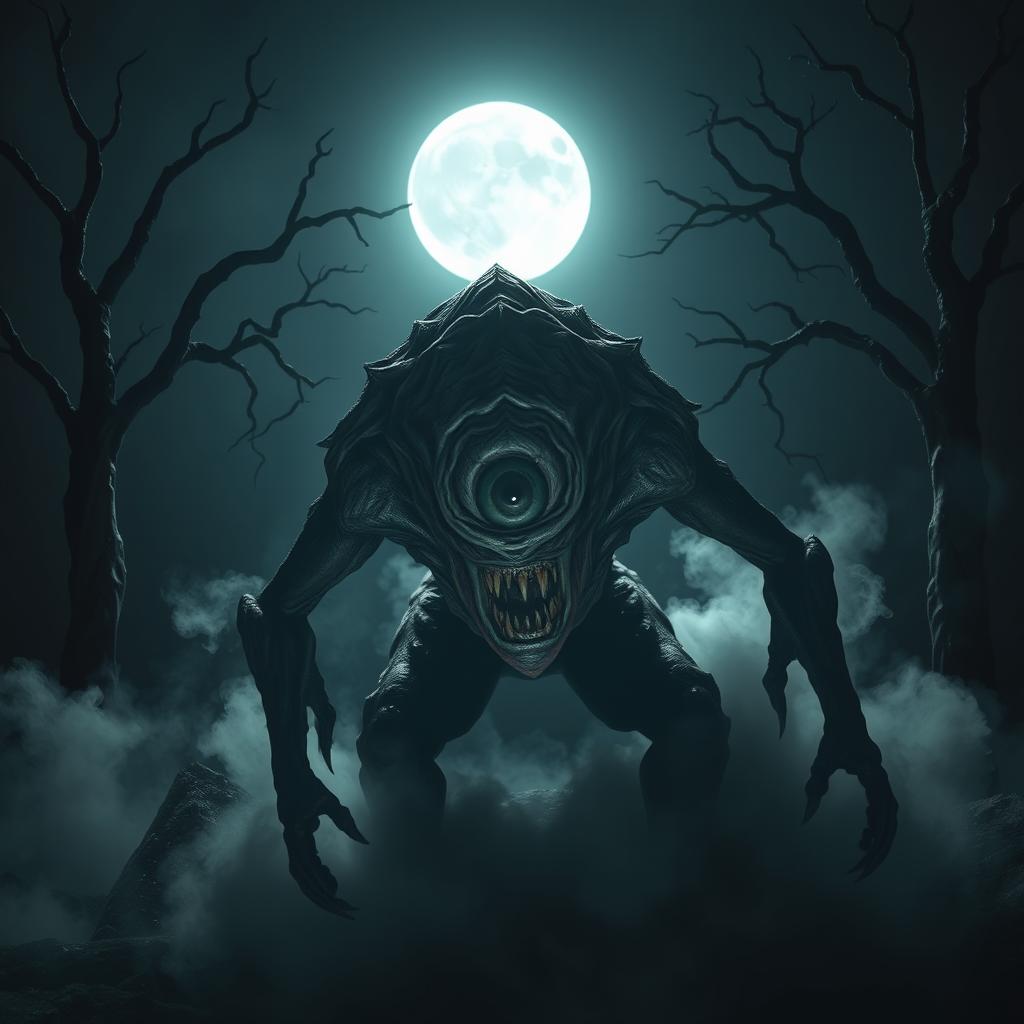 A terrifying creature with a single large eye in the center of its forehead, set against a dark, eerie background