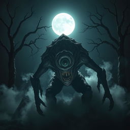 A terrifying creature with a single large eye in the center of its forehead, set against a dark, eerie background