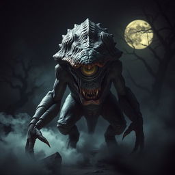 A terrifying creature with a single large eye in the center of its forehead, set against a dark, eerie background