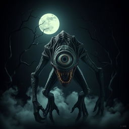 A terrifying creature with a single large eye in the center of its forehead, set against a dark, eerie background