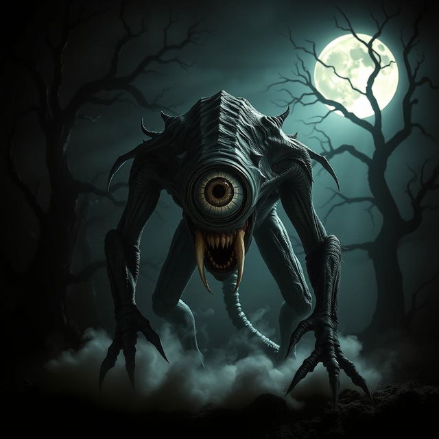 A terrifying creature with a single large eye in the center of its forehead, set against a dark, eerie background