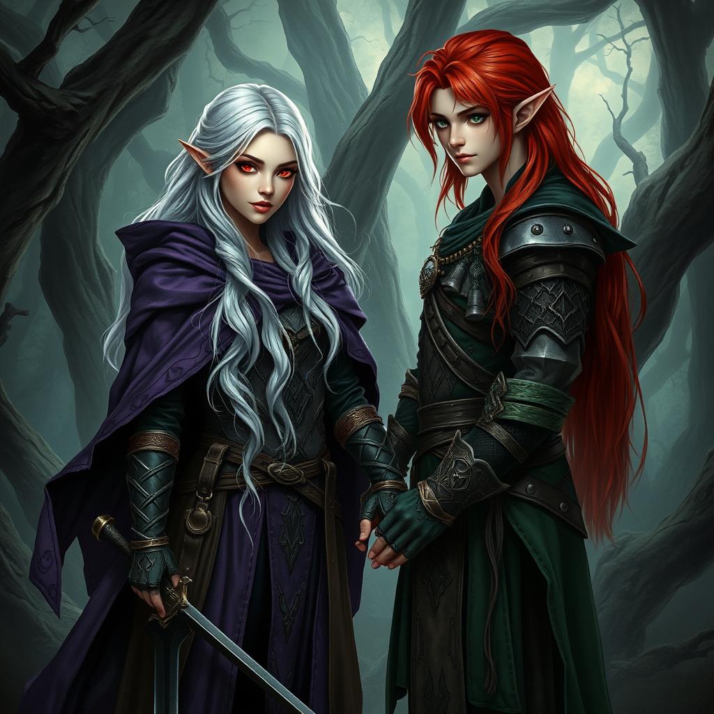 An enchanting artistic representation of a fantasy character couple standing in a cursed forest