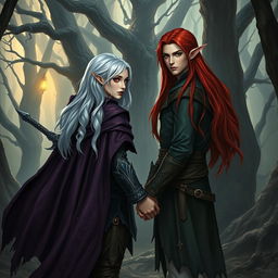 An enchanting artistic representation of a fantasy character couple standing in a cursed forest