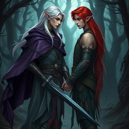 An enchanting artistic representation of a fantasy character couple standing in a cursed forest