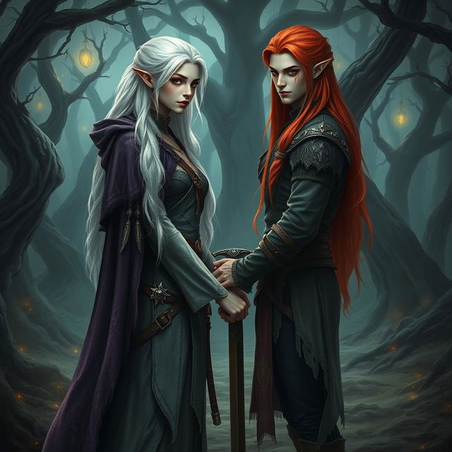 An enchanting artistic representation of a fantasy character couple standing in a cursed forest