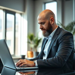 A bald virtual assistant with a beard, focused on using a laptop
