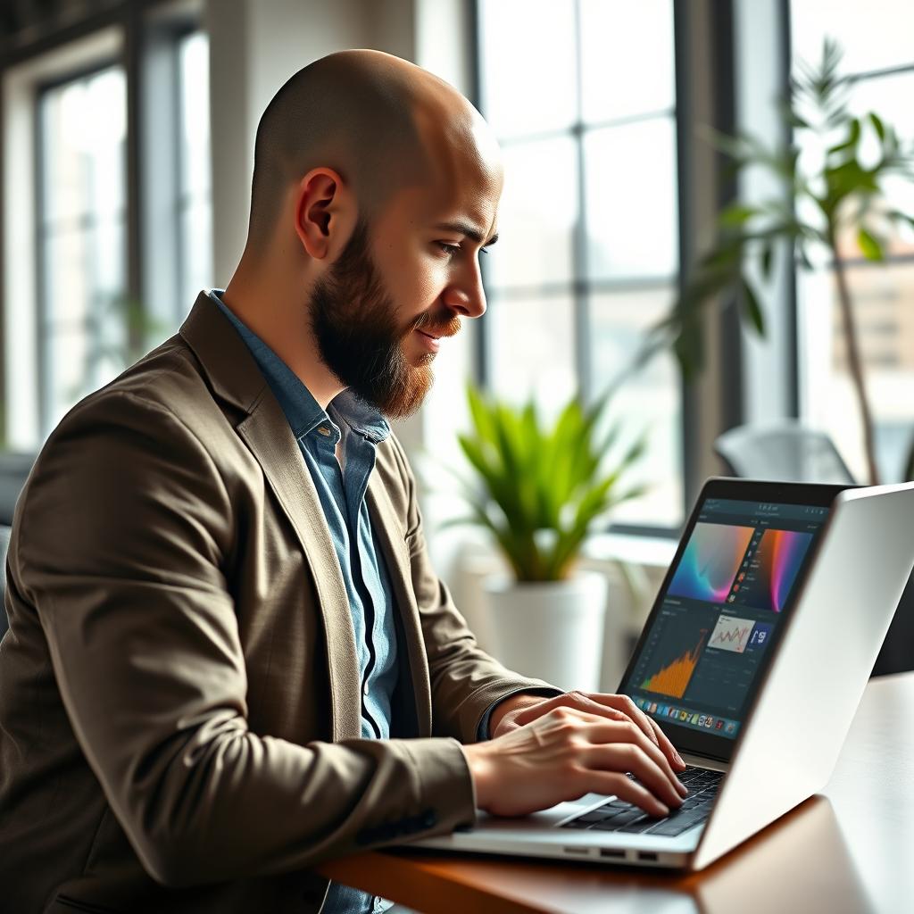 A bald virtual assistant with a beard, focused on using a laptop