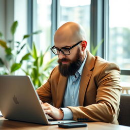 A bald virtual assistant with a beard, focused on using a laptop