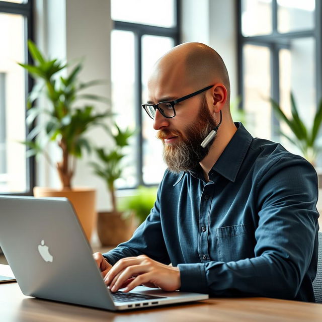 A bald virtual assistant with a beard, focused on using a laptop