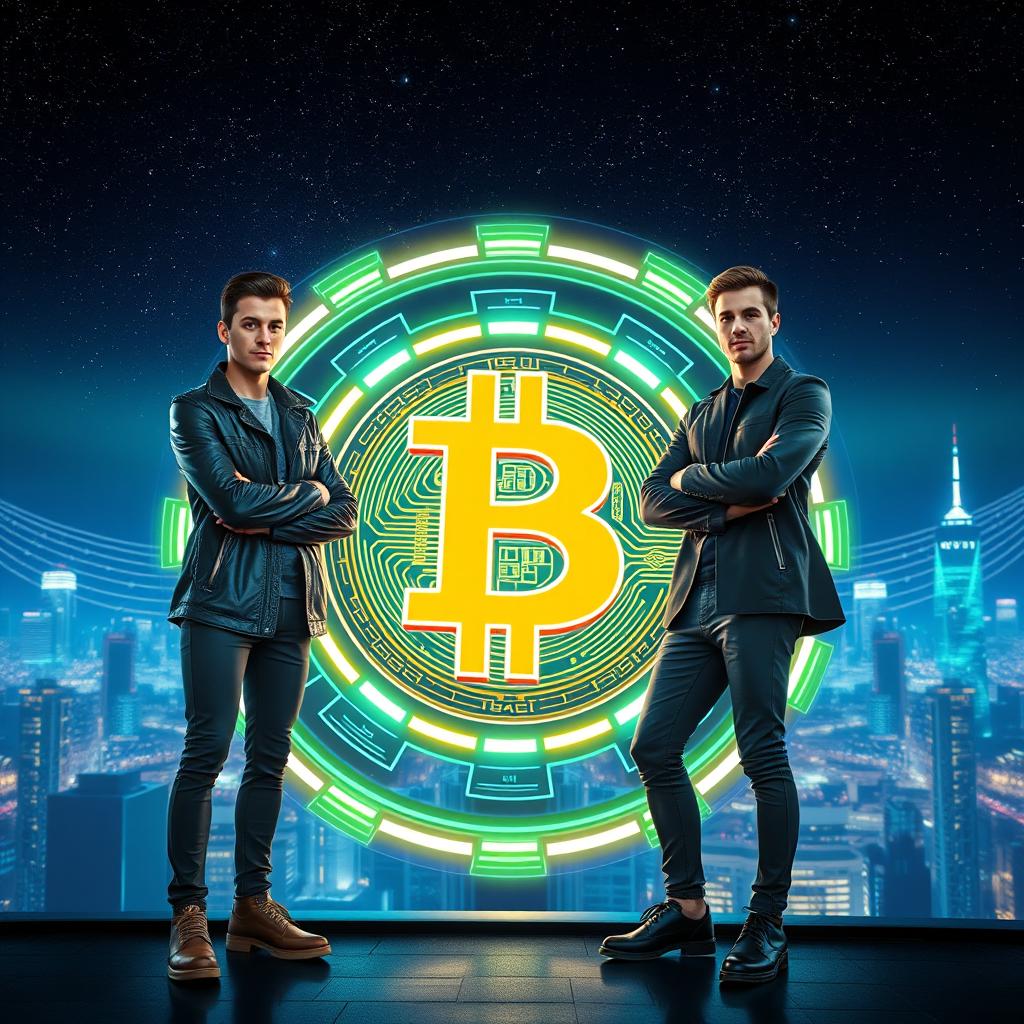 Futuristic visuals of the Bitcoin logo prominently displayed, surrounded by high-tech neon lights and digital elements, with the Winklevoss twins in stylish, modern clothing standing confidently beside it