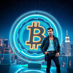 Futuristic visuals of the Bitcoin logo prominently displayed, surrounded by high-tech neon lights and digital elements, with the Winklevoss twins in stylish, modern clothing standing confidently beside it