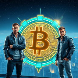 Futuristic visuals of the Bitcoin logo prominently displayed, surrounded by high-tech neon lights and digital elements, with the Winklevoss twins in stylish, modern clothing standing confidently beside it
