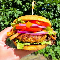 A unique burger featuring fried slices of ripe plantain (tostones) instead of traditional bread, filled with colorful fresh vegetables like lettuce, tomatoes, and onions, along with a hearty chickpea patty