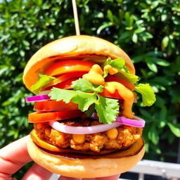 A unique burger featuring fried slices of ripe plantain (tostones) instead of traditional bread, filled with colorful fresh vegetables like lettuce, tomatoes, and onions, along with a hearty chickpea patty