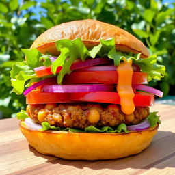 A unique burger featuring fried slices of ripe plantain (tostones) instead of traditional bread, filled with colorful fresh vegetables like lettuce, tomatoes, and onions, along with a hearty chickpea patty