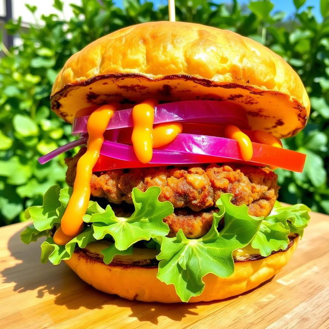 A unique burger featuring fried slices of ripe plantain (tostones) instead of traditional bread, filled with colorful fresh vegetables like lettuce, tomatoes, and onions, along with a hearty chickpea patty