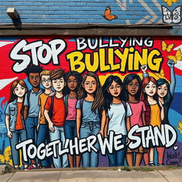 A powerful street art mural depicting the theme of bullying, featuring diverse figures including teenagers of different ethnicities standing together in solidarity, their expressions showing determination and resilience