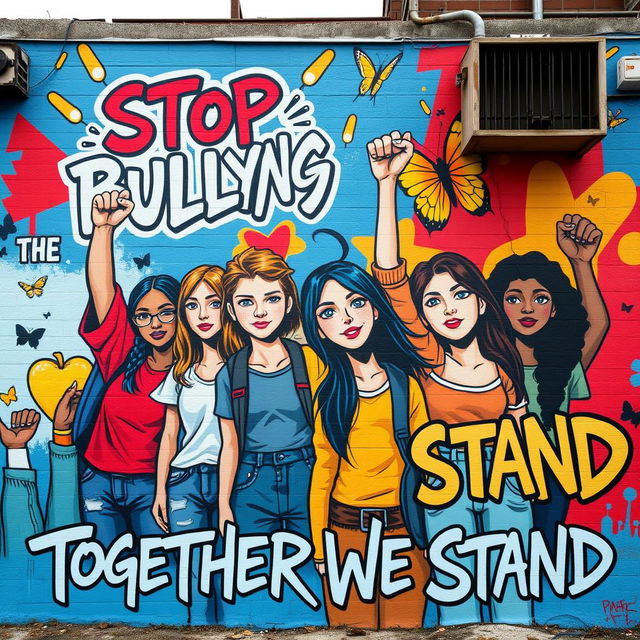 A powerful street art mural depicting the theme of bullying, featuring diverse figures including teenagers of different ethnicities standing together in solidarity, their expressions showing determination and resilience