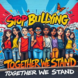 A powerful street art mural depicting the theme of bullying, featuring diverse figures including teenagers of different ethnicities standing together in solidarity, their expressions showing determination and resilience