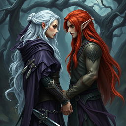 An enchanting artistic rendering of a fantasy character couple consisting of a human woman and a male elf